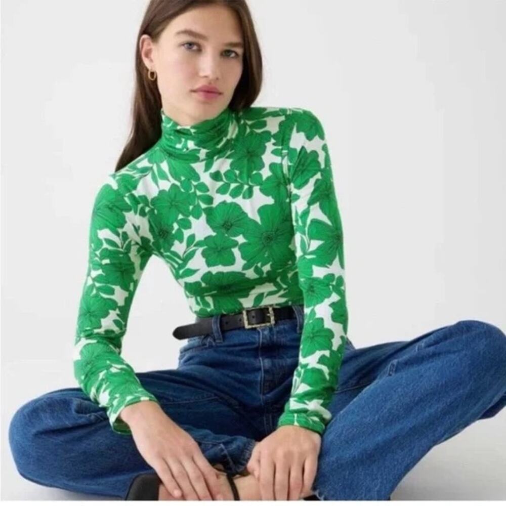 J. Crew Matte Jersey Turtleneck Kelly Green Botanical Print